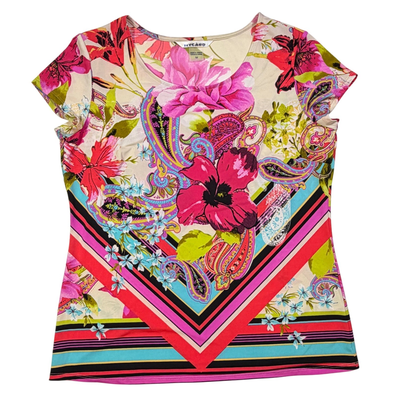 Nygard Floral Paisley Stretch Knit Top Pink Multicolor Short Sleeve Medium