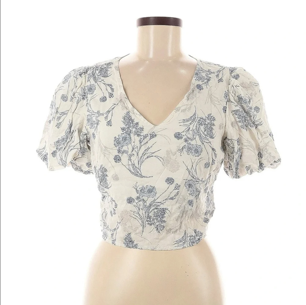 Promesa Floral Puff Sleeve Crop Top V-Neck Smocked Back Linen Blend Size Medium
