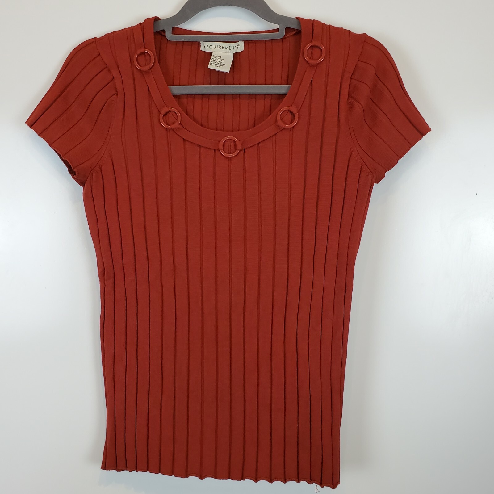 Requirements Ribbed Short Sleeve Terracotta Top Ring Neckline Detail Size M
