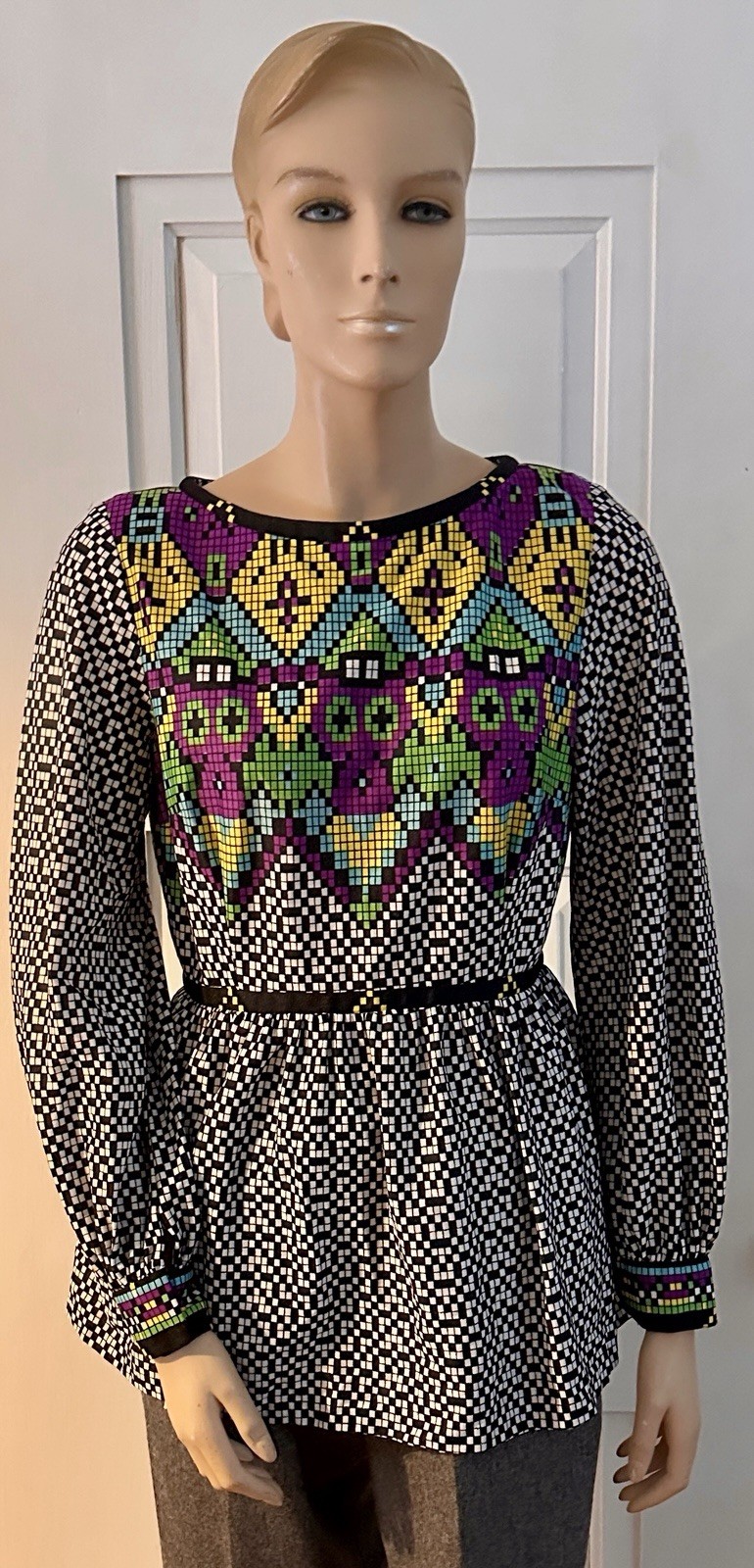 Vintage I.Magnin Graphic Blouse Empire Waist Pixelated B&W Checkerboard Morphew