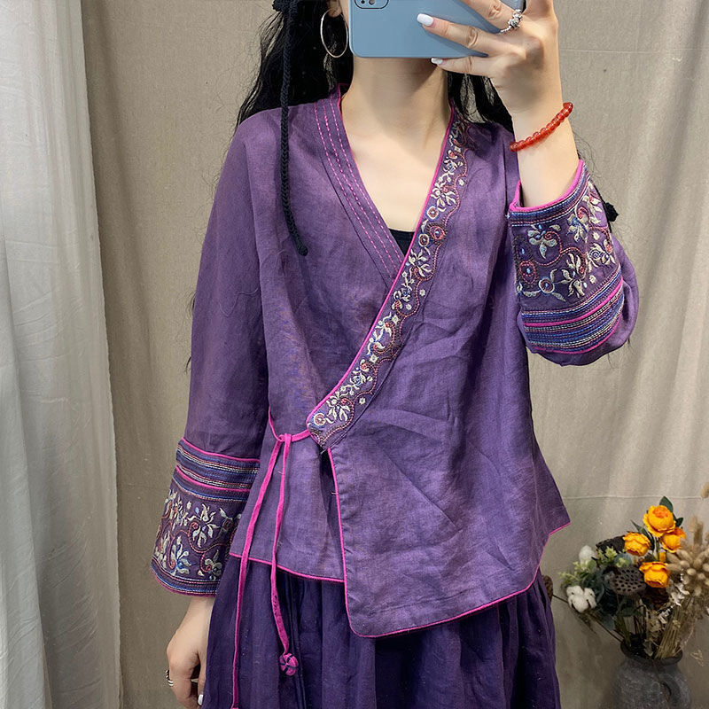 Women Chinese Style Embroidery Cardigan Shirts Casual Linen Lace Up Vintage