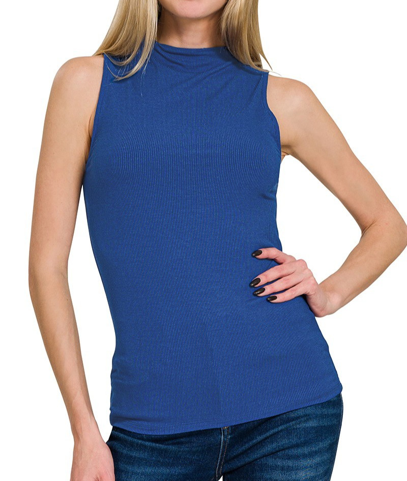 Women’s Ribbed Sleeveless Mock Neck Top Fitted Soft Rayon Layering Tank Zenana