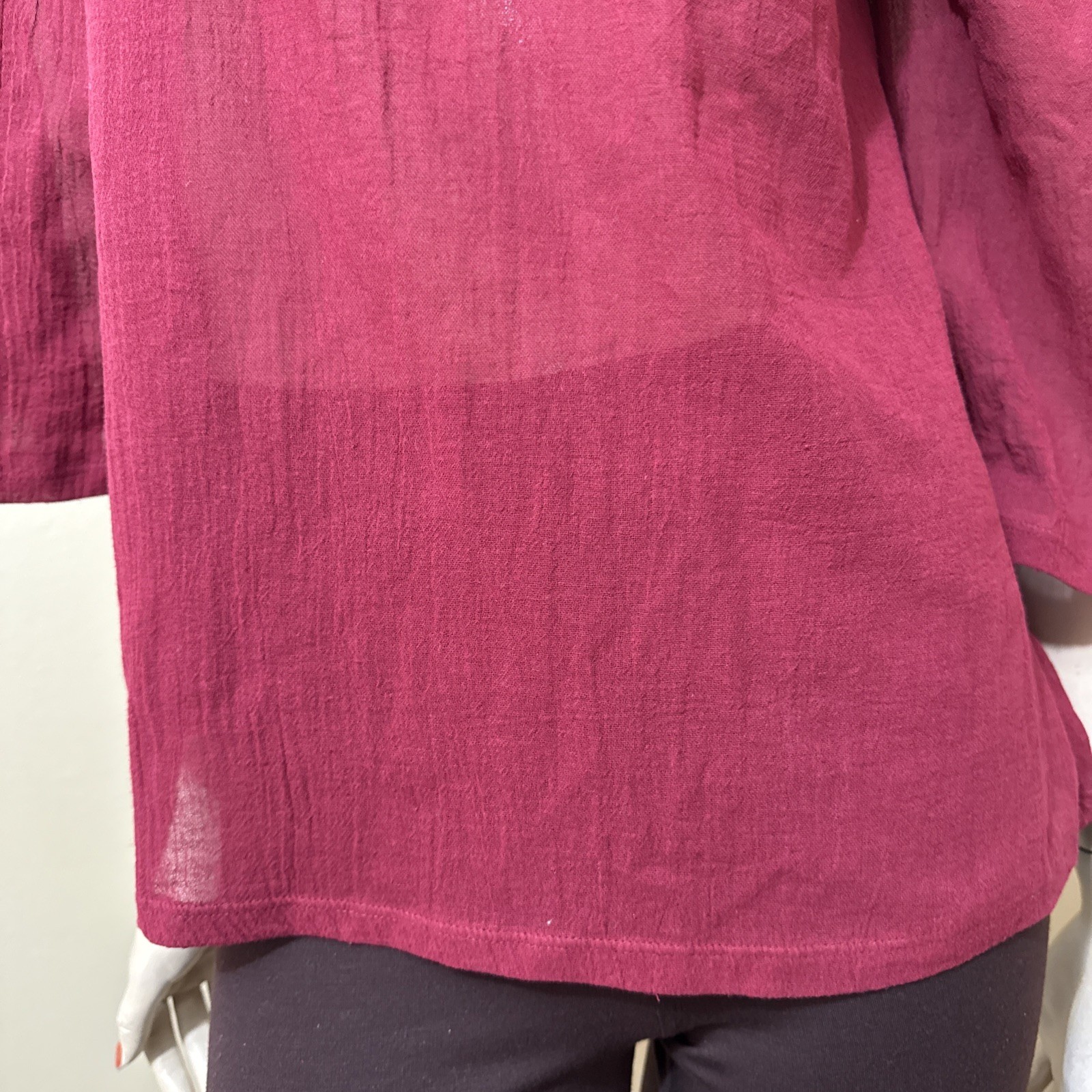 Women’s Burgundy Cotton Casual Boho Lace Long Sleeve Slit Tied Size S Blouse Top