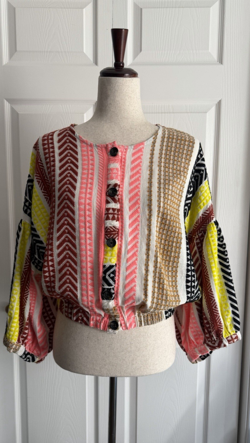Ivy Jane Womens L Bright Button Up 3/4 Sleeve Top Boho Hippie Festival