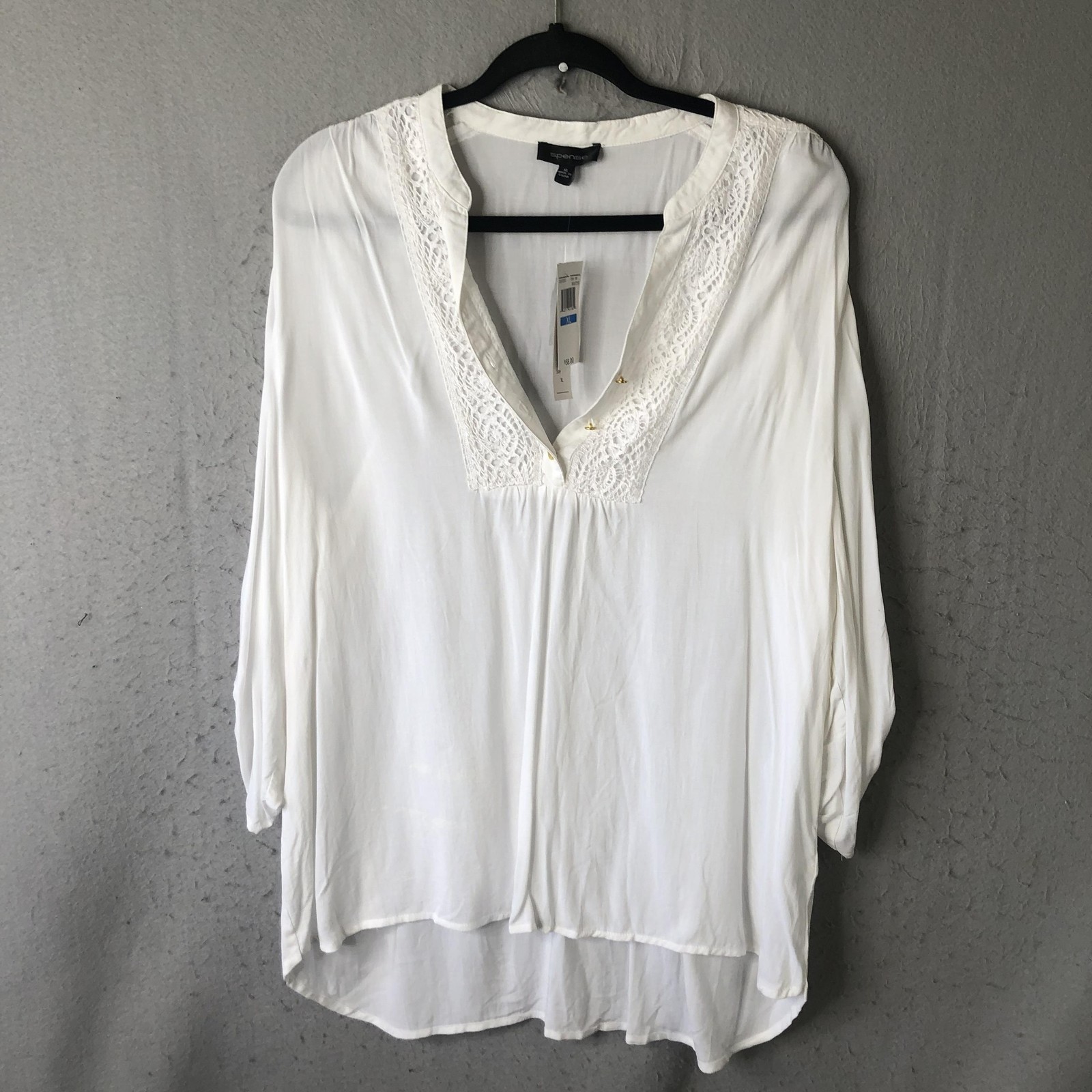 Feminine top Womens XL White Crochet Trim Roll Tab Sleeve Sheer Boho