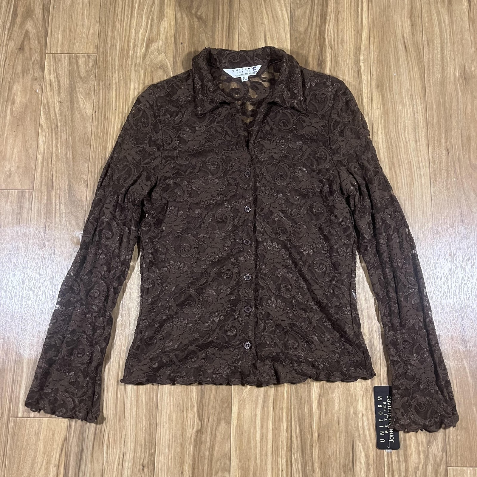 Vintage John Paul Richard Lace Blouse Womens Large Petite Brown Paisley Sheer
