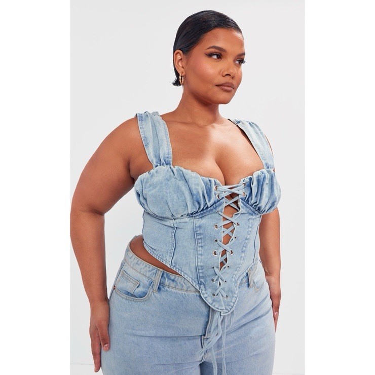 PLT PLUS VINTAGE BLEACH WASH RUCHED BUST DETAIL DENIM LACE UP CORSET US 20 UK 24