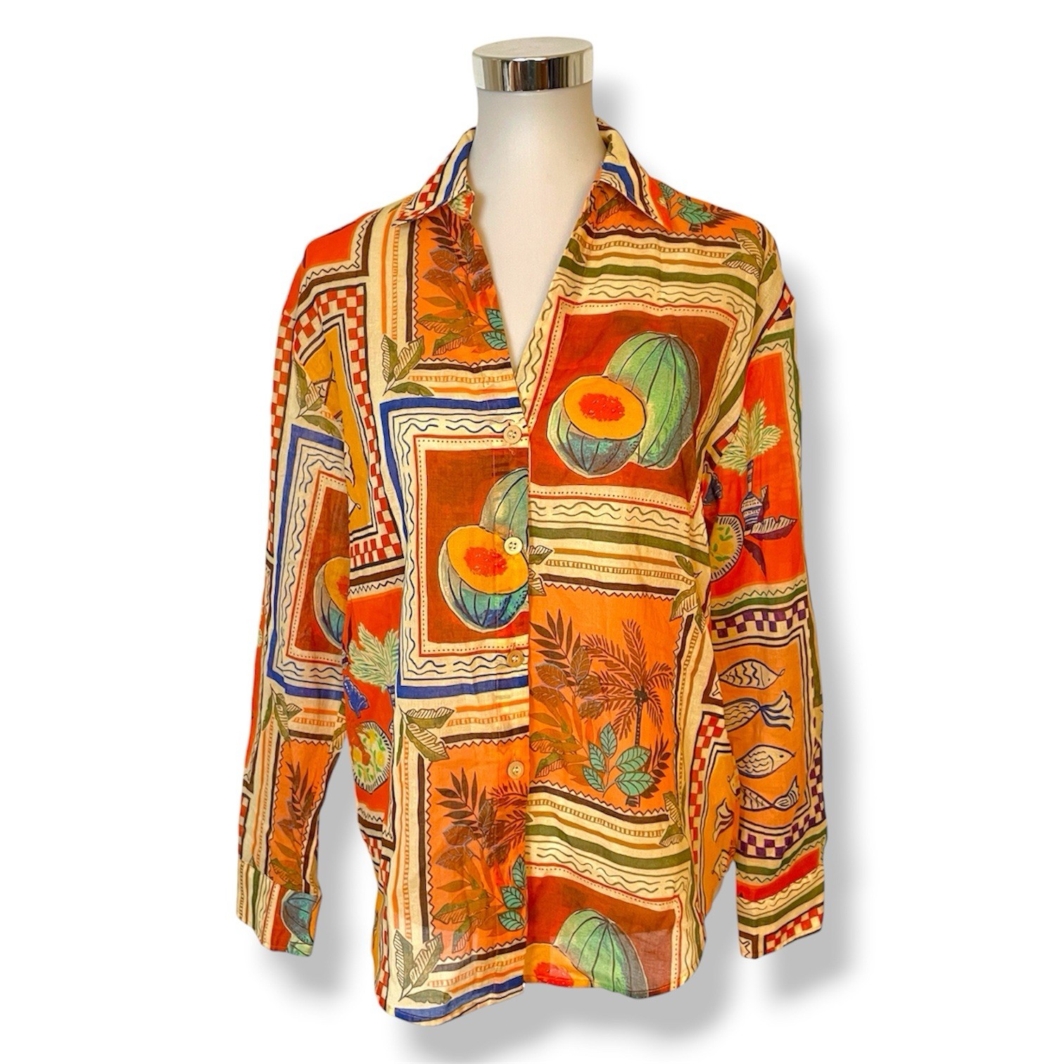 Calypso St Barth Size Medium Long Sleeve Shirt Vibrant Tropical Patchwork Print