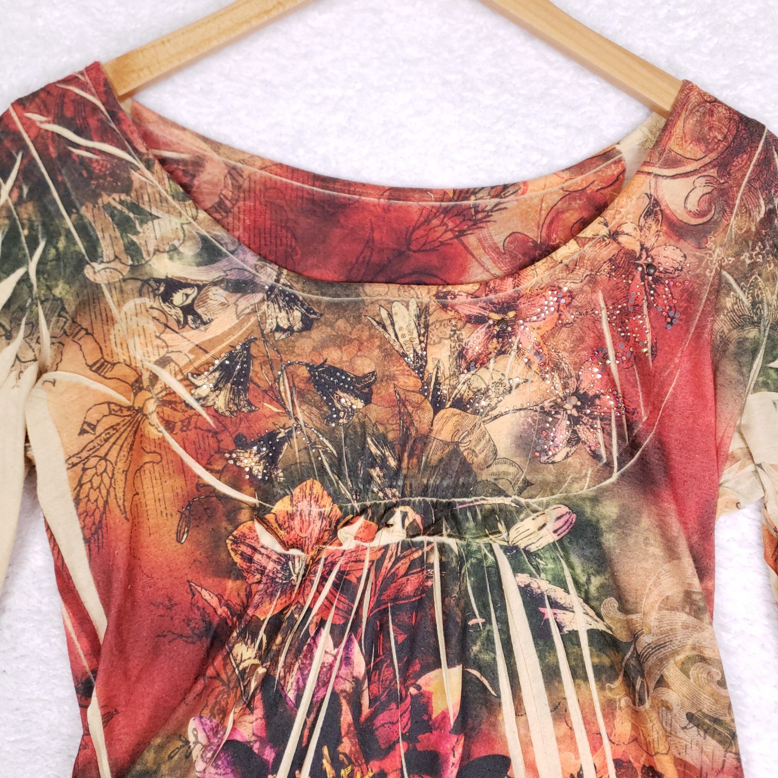 Boho Artistic Print Tunic Top Medium Floral Surreal Y2K Earthcore Festival