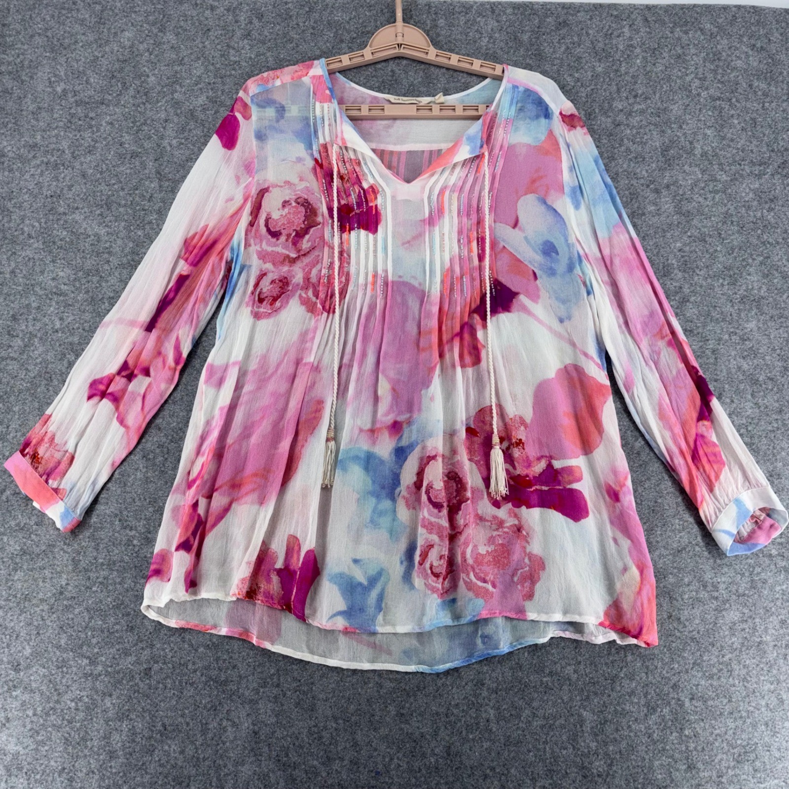 Soft Surroundings Floral Pintuck Tunic Blouse Pink Blue Beaded Tassel Large