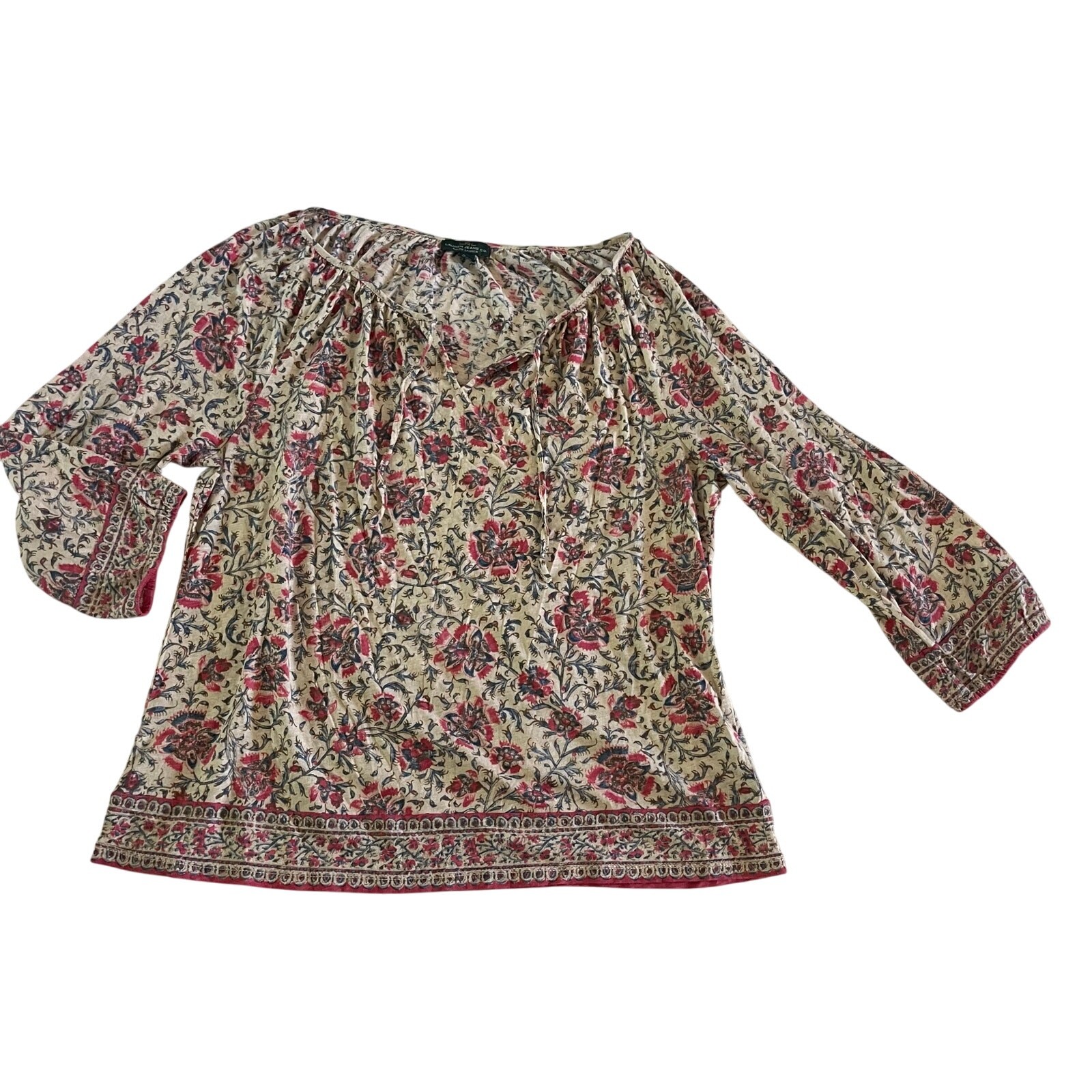 Lauren Ralph Lauren Boho Floral Casual Top Sz L Notch Neckline