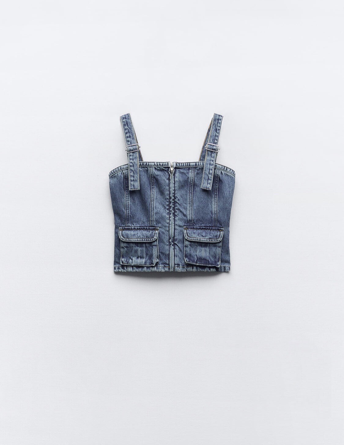 Zara Denim Top, With Square Neckline Adjustable Strap Patch Pocket Small