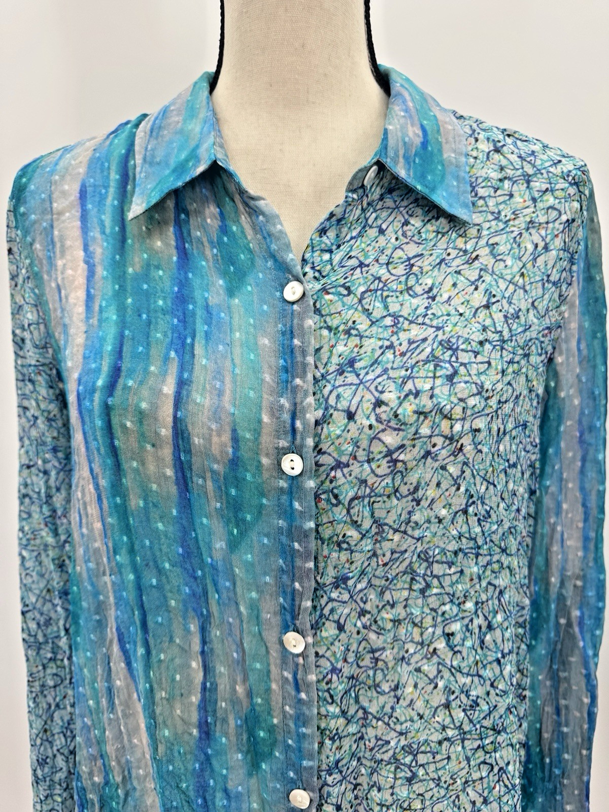 Nordstroms APNY Sheer Silk Top Medium Button Up Watercolor Wearable Art to Wear