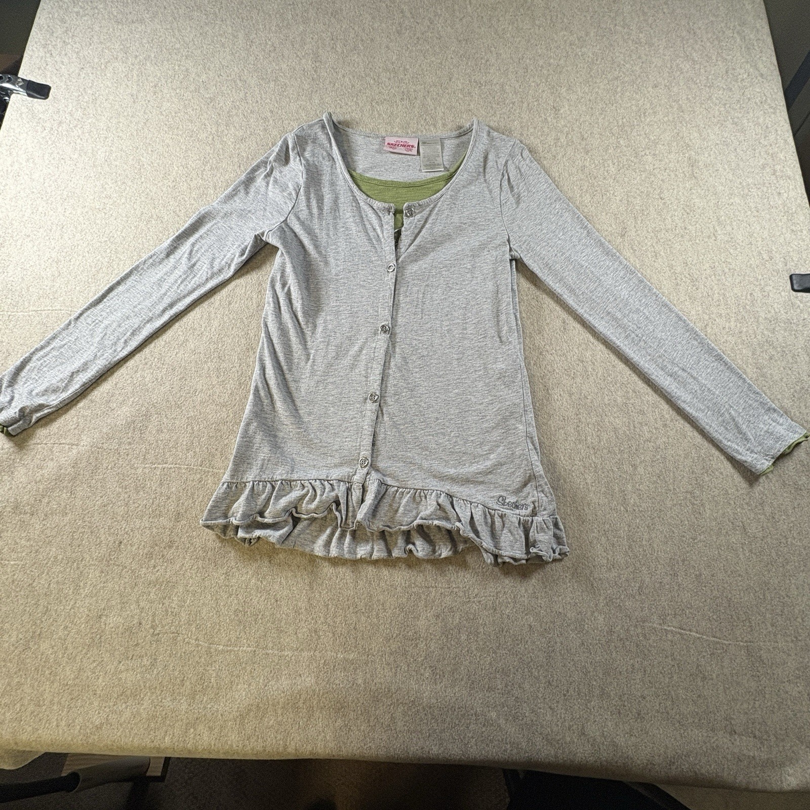 Skechers Women’s XL Gray Ruffle Cardigan Green Heart Graphic Layered Top (239)