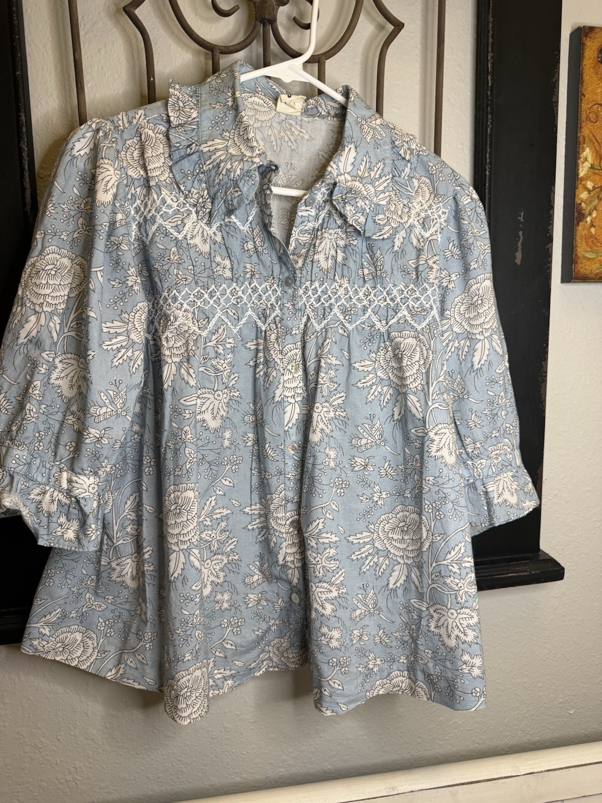 Ivy Jane Blue White Floral Smocked Blouse Boho Ruffle Top Size M Cottagecore